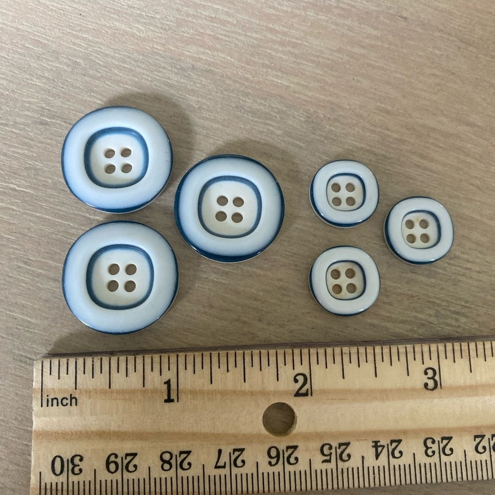 Vintage Teal Blue And Cream Four Hole Buttons, 3 Large & 3 Small